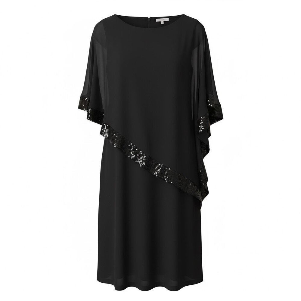 R&M Richards Black Sequin Trim Chiffon Asymmetrical Overlay Knee-Length Dress 14